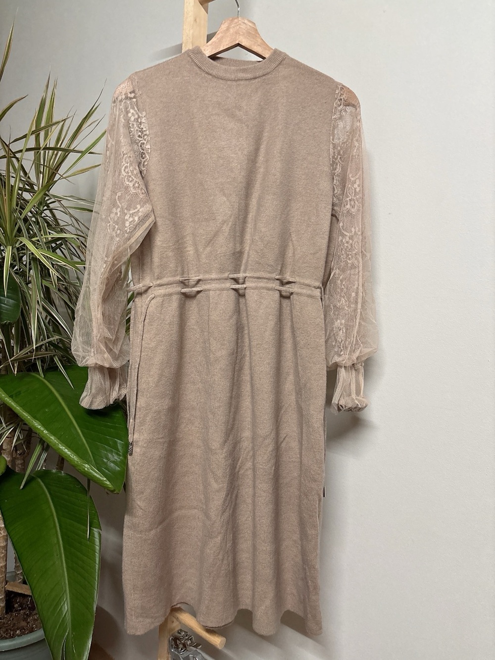 Sheer-Sleeve Knit Midi Dress in Taupe